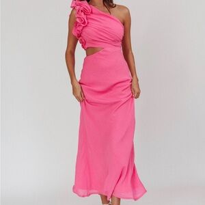 saints + secrets | LIKE NEW | One-Shoulder Hot Pink Floral Appliqué Dress